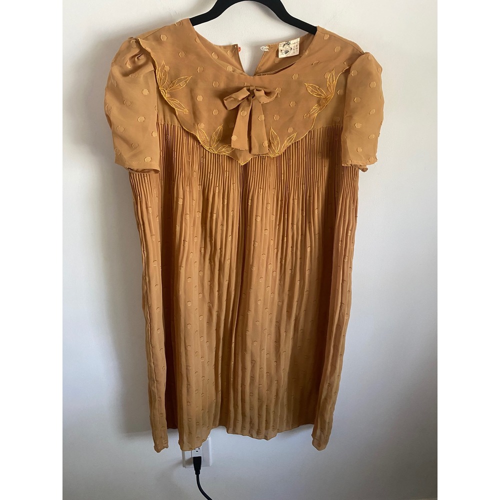 Vintage Japanese Embroidered Bib Dress Ochre Clip Dot Accordion Pleat Shift